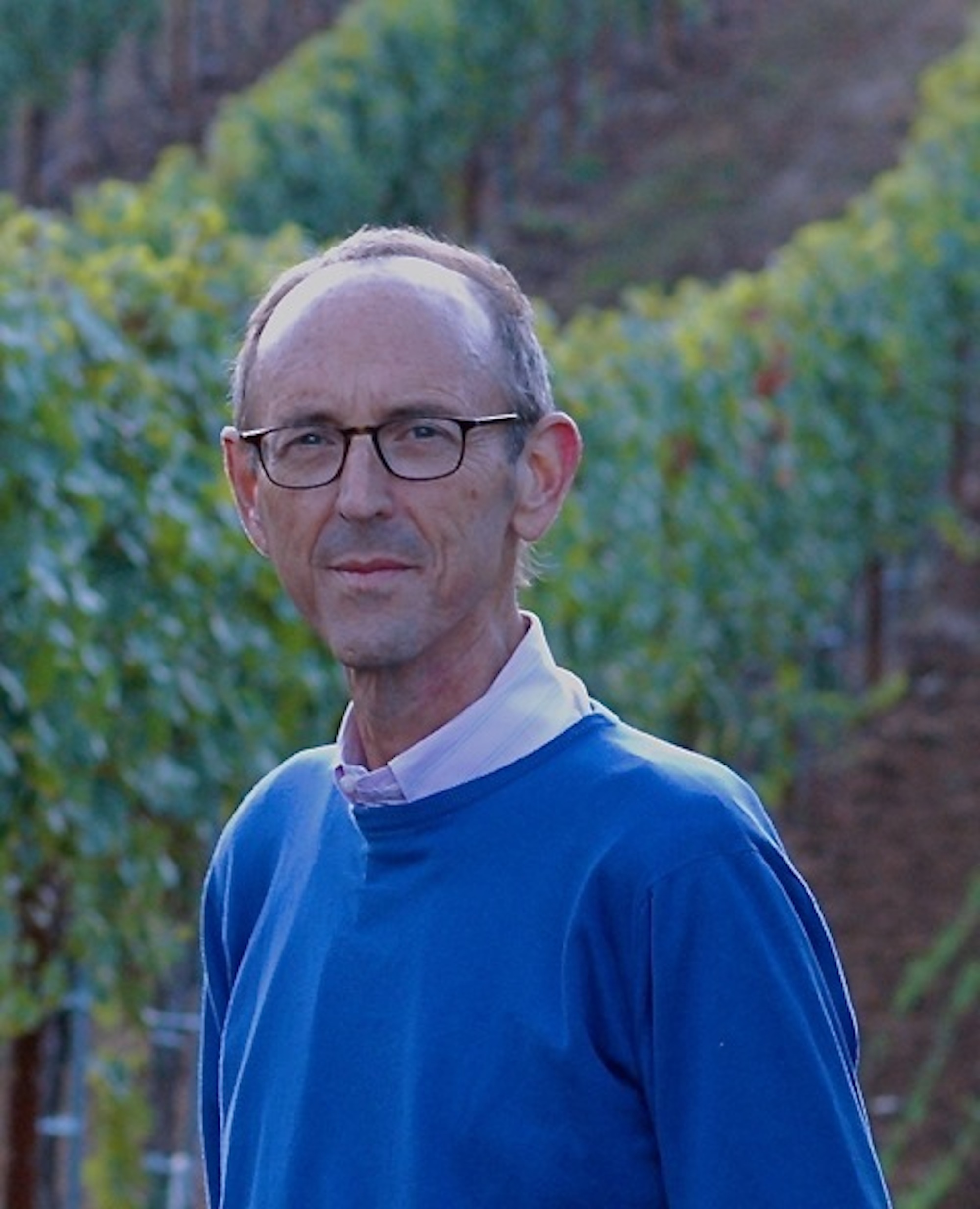 man wearing glasses with vineyard background