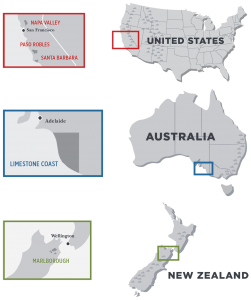 Maps of the United States, Australia and New Zealand with pullouts of wine regions