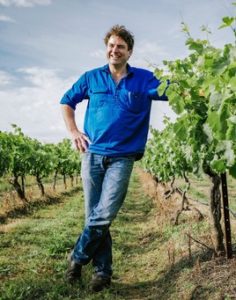 man leans on leafy green vines in a vineyard 