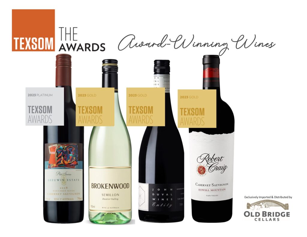 image displays logo texsom the awards and 4 bottles of wine with awards and logo of old bridge cellars at the bottom right