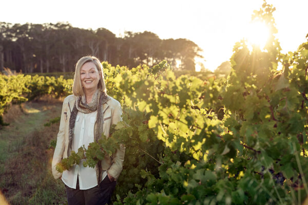 woman stands in a vineyard at sunset