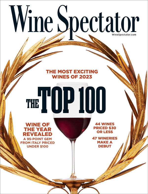 Wine Spectator magazine cover image with wine glass and laurel leaves